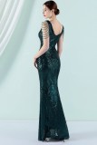 Women Summer Green Modest V-neck Sleeveless Patchwork Sequined Mermaid Fringed Evening Dress