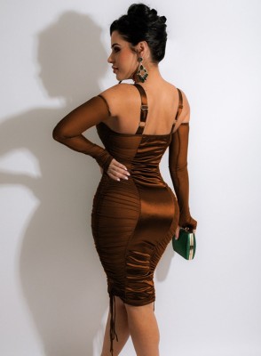 Women Summer Brown Sexy Strap Wrist Sleeves Patchwork Satin Pleated Midi Sheath Club Dress