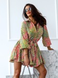 Women Summer Green Casual Turn-down Collar Half Sleeves Printed Belted Mini A-line Blouse Dress