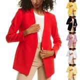 Women Autumn Red Formal V-neck Full Sleeves Solid Open Stitch Regular Blazer