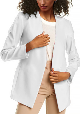 Women Autumn White Formal V-neck Full Sleeves Solid Open Stitch Regular Blazer
