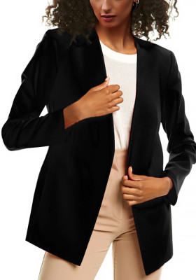 Women Autumn Black Formal V-neck Full Sleeves Solid Open Stitch Regular Blazer
