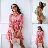 Women Summer Red Casual Turn-down Collar Half Sleeves Printed Belted Mini A-line Blouse Dress