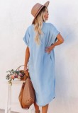 Women Summer Blue Casual Turn-down Collar Short Sleeves Solid Pockets Midi Loose Shirt Dress