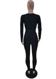 Women Autumn Black Sports Full Sleeves High Waist Solid Skinny Two Piece Pants Set