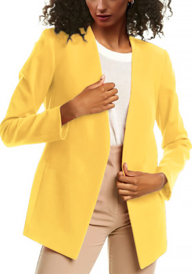Women Autumn Yellow Formal V-neck Full Sleeves Solid Open Stitch Regular Blazer