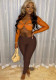 Women Summer Orange Sexy V-neck Full Sleeves High Waist Solid Regular Two Piece Pants Set