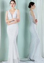 Women Summer White Modest V-neck Sleeveless Patchwork Sequined Mermaid Fringed Evening Dress