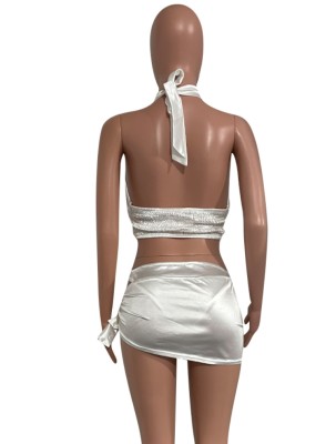 Women Summer White Sexy Halter Sleeveless High Waist Solid Satin Hollow Out Regular MiniTwo Piece Skirt Set