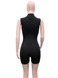 Women Summer Black Casual O-Neck Sleeveless Solid Zippers Above Knee Skinny Ribbed Rompers