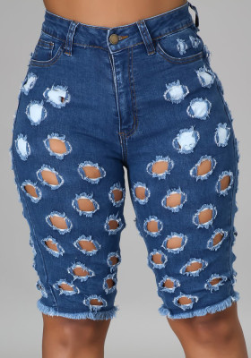 Women Summer Dark blue Straight High Waist Zipper Fly Solid Hollow Out Knee Length Regular Jeans Shorts