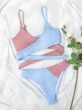 Women Pink Bikini Strap Color Blocking Two Piece Swimwear