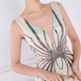 Women Summer Nude Formal V-neck Sleeveless Patchwork Sequined Mermaid Evening Dress