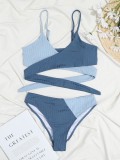 Women Blue Bikini Strap Color Blocking Two Piece Swimwear