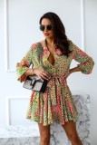 Women Summer Green Casual Turn-down Collar Half Sleeves Printed Belted Mini A-line Blouse Dress