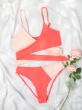 Women Orange Bikini Strap Color Blocking Two Piece Swimwear