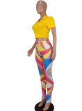 Women Summer Yellow Casual V-neck Short Sleeves High Waist Geometric Print Regular Two Piece Pants Set
