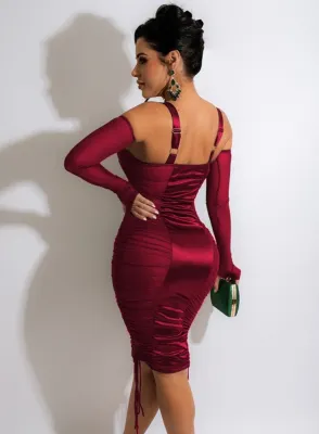 Women Summer Burgunry Sexy Strap Wrist Sleeves Patchwork Satin Pleated Midi Sheath Club Dress