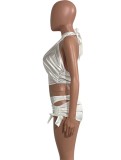 Women Summer White Sexy Halter Sleeveless High Waist Solid Satin Hollow Out Regular MiniTwo Piece Skirt Set