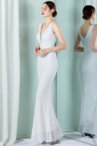 Women Summer White Modest V-neck Sleeveless Patchwork Sequined Mermaid Fringed Evening Dress