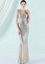 Women Summer Silver Modest V-neck Sleeveless Patchwork Sequined Mermaid Fringed Evening Dress