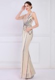 Women Summer Nude Formal V-neck Sleeveless Patchwork Sequined Mermaid Evening Dress