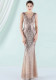 Women Summer Gold Modest V-neck Sleeveless Patchwork Sequined Mermaid Fringed Evening Dress