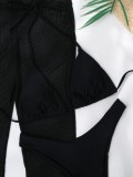 Women Black Strap V-Neck Solid Lace Up Three Piece Swimwear
