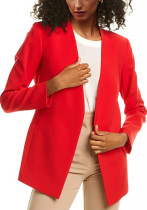 Women Autumn Red Formal V-neck Full Sleeves Solid Open Stitch Regular Blazer