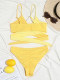 Women Yellow Bikini Strap Color Blocking Two Piece Swimwear