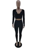 Women Autumn Black Sports Full Sleeves High Waist Solid Skinny Two Piece Pants Set