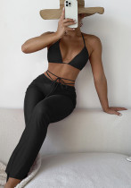 Women Black Strap V-Neck Solid Lace Up Three Piece Swimwear