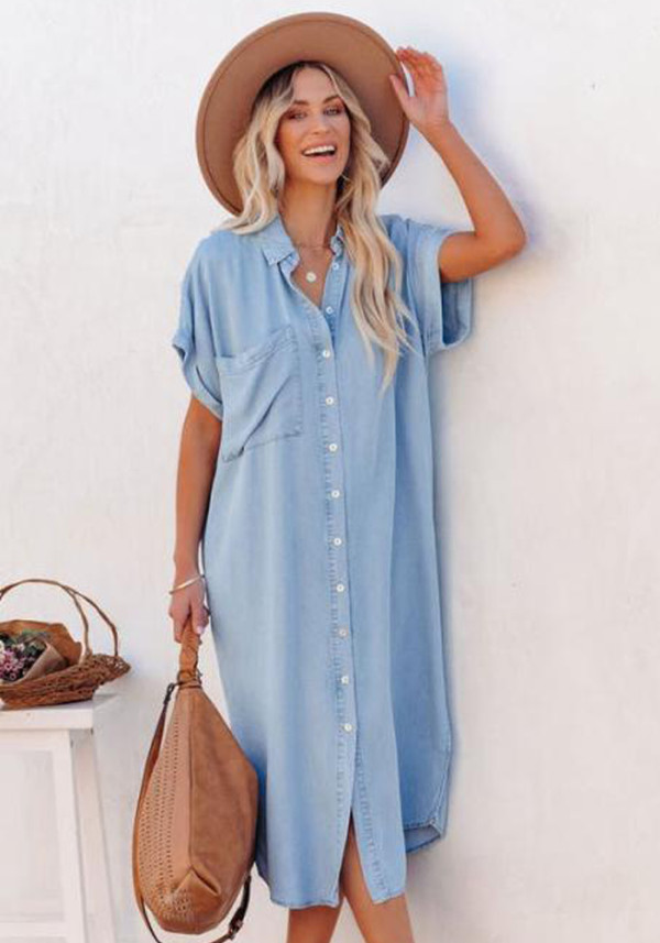 Women Summer Blue Casual Turn-down Collar Short Sleeves Solid Pockets Midi Loose Shirt Dress