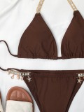 Women Brown Bikini Halter Solid Diamonds Two Piece Swimwear