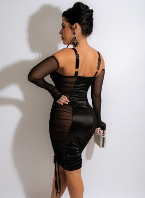 Women Summer Black Sexy Strap Wrist Sleeves Patchwork Satin Pleated Midi Sheath Club Dress