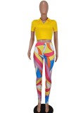 Women Summer Yellow Casual V-neck Short Sleeves High Waist Geometric Print Regular Two Piece Pants Set