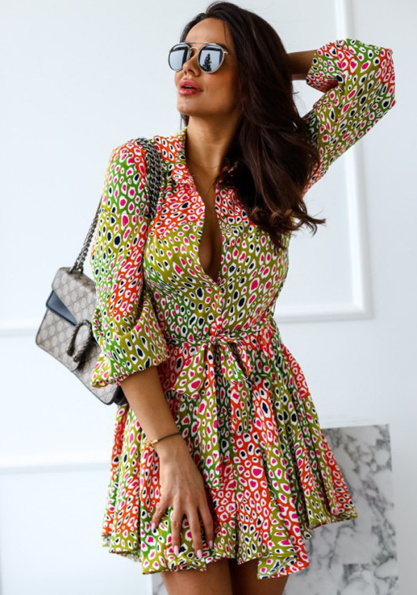 Women Summer Green Casual Turn-down Collar Half Sleeves Printed Belted Mini A-line Blouse Dress