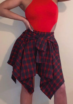 Women Summer Burgunry Streetwear High Waist Elastic Waist Plaid Print Belted Midi Asymmetrical Skirts