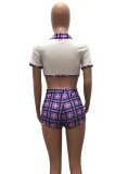 Women Summer Purple Modest Turn-down Collar Short Sleeves High Waist Plaid Print Bow Regular Two Piece Shorts Set