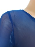 Women Summer Blue Sexy O-Neck Full Sleeves High Waist Solid Regular Two Piece Shorts Set