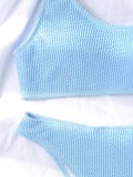 Women Blue Bikini Slash Neck Solid Two Piece Swimwear