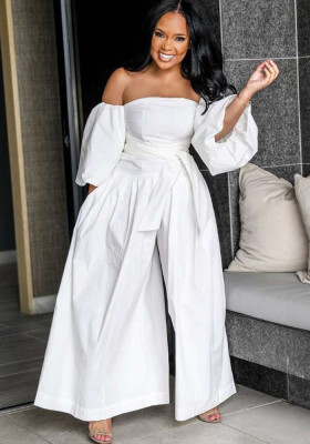 Women Summer White Casual Strapless Three Quarter Sleeves Solid Belted Full Length Loose Jumpsuit