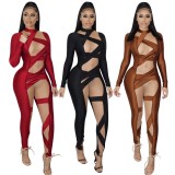 Women Summer Red Sexy O-Neck Full Sleeves Patchwork Mesh Full Length Skinny Jumpsuit