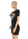 Women Summer Black Casual V-neck Short Sleeves Printed Hollow Out Mini Sheath Shirt Dress