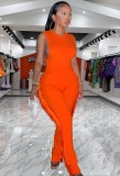Women Summer Orange Casual O-Neck Sleeveless Solid Tassel Full Length Regular Jumpsuit