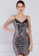 Women Summer Multi-Color Modest Strap Sleeveless Patchwork Sequined Mini Straight Club Dress