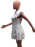 Women Summer White Sweet Turn-down Collar Short Sleeves Solid Cascading Ruffle Mini Skater Dress