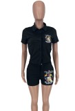 Women Summer Black Casual Turn-down Collar Short Sleeves High Waist Printed Pockets Regular Two Piece Shorts Set