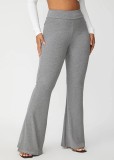 Women Autumn Grey FLARE PANTS High Waist Elastic Waist Solid Full Length Regular Pants