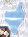 Women Blue Bikini Slash Neck Solid Two Piece Swimwear